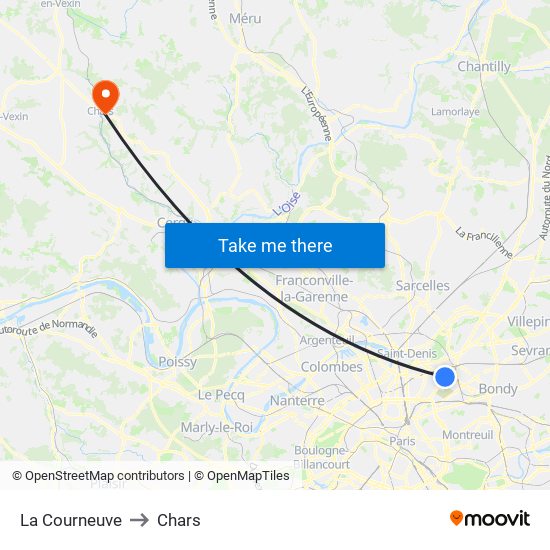 La Courneuve to Chars map