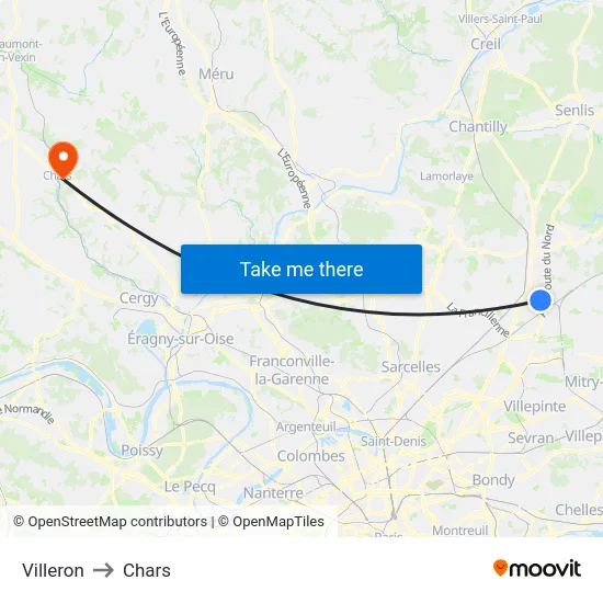 Villeron to Chars map