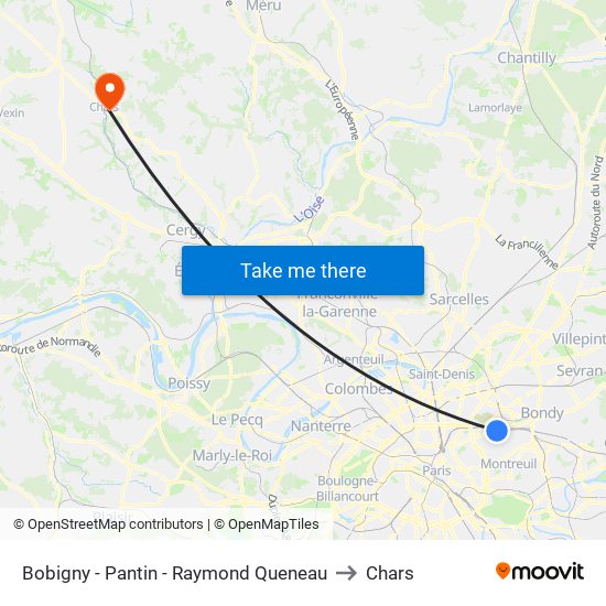 Bobigny - Pantin - Raymond Queneau to Chars map