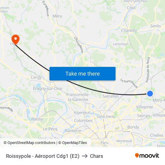 Roissypole - Aéroport Cdg1 (E2) to Chars map