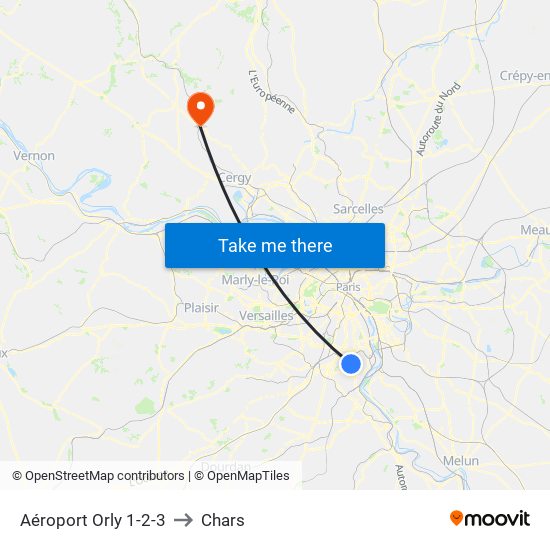 Aéroport Orly 1-2-3 to Chars map