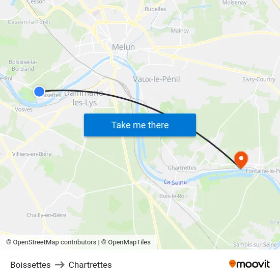 Boissettes to Chartrettes map