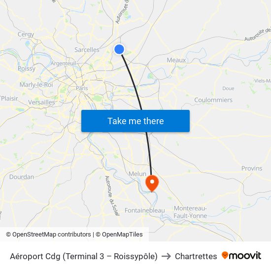 Aéroport Cdg (Terminal 3 – Roissypôle) to Chartrettes map