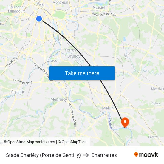 Stade Charléty (Porte de Gentilly) to Chartrettes map