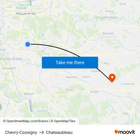 Chevry-Cossigny to Chateaubleau map