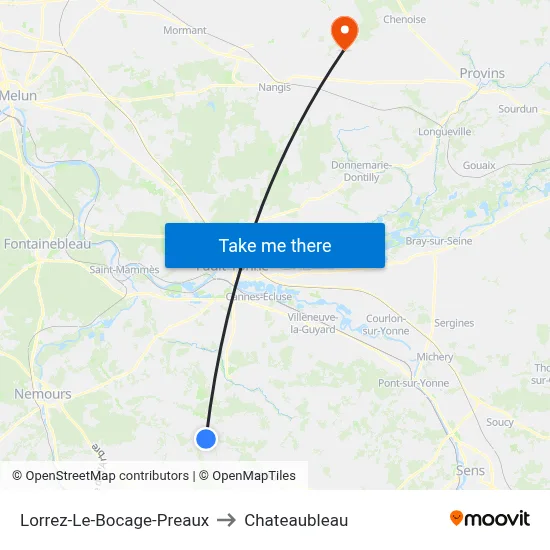 Lorrez-Le-Bocage-Preaux to Chateaubleau map