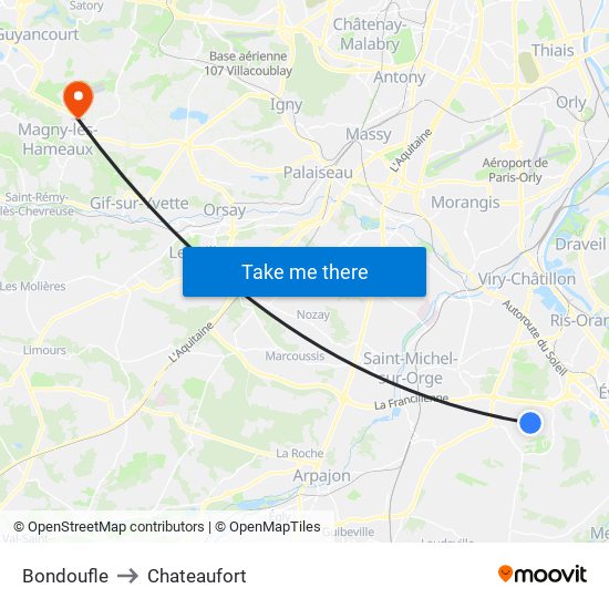 Bondoufle to Chateaufort map