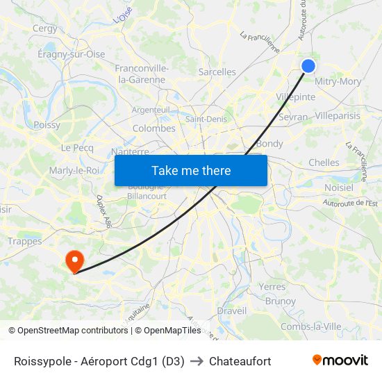 Roissypole - Aéroport Cdg1 (D3) to Chateaufort map