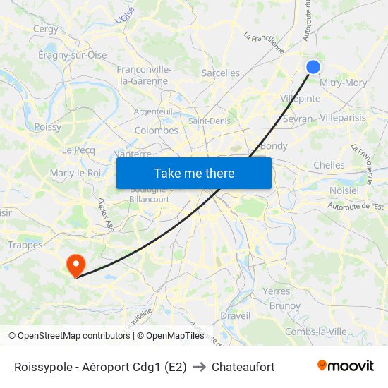 Roissypole - Aéroport Cdg1 (E2) to Chateaufort map