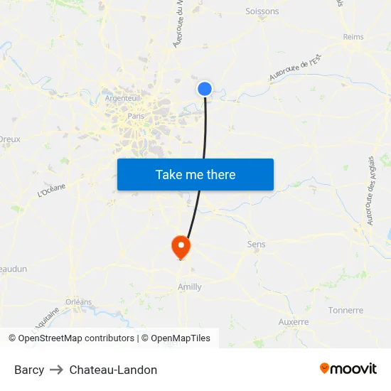 Barcy to Chateau-Landon map