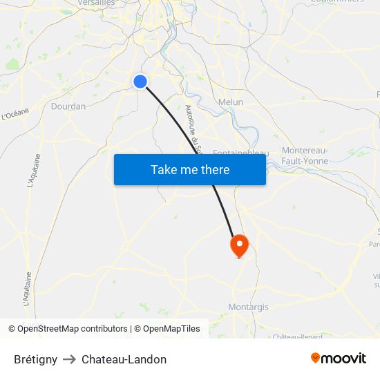 Brétigny to Chateau-Landon map