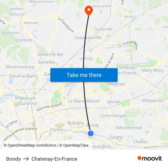 Bondy to Chatenay-En-France map