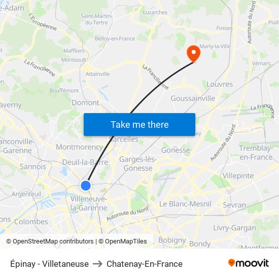Épinay - Villetaneuse to Chatenay-En-France map