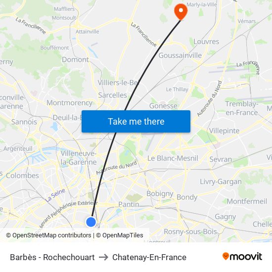Barbès - Rochechouart to Chatenay-En-France map