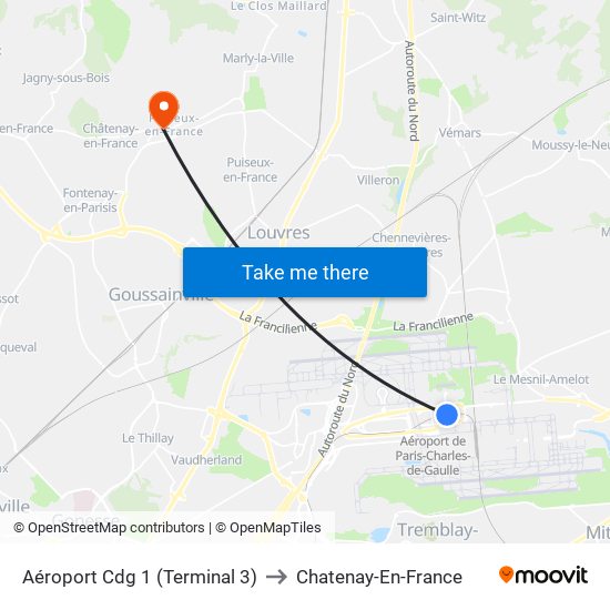 Aéroport Cdg 1 (Terminal 3) to Chatenay-En-France map