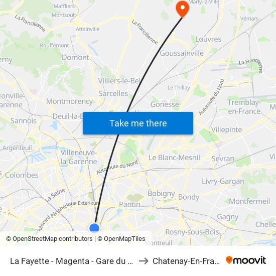 La Fayette - Magenta - Gare du Nord to Chatenay-En-France map