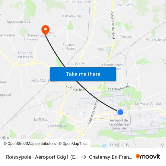 Roissypole - Aéroport Cdg1 (E2) to Chatenay-En-France map
