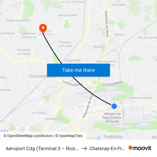 Aéroport Cdg (Terminal 3 – Roissypôle) to Chatenay-En-France map