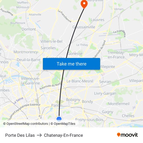 Porte Des Lilas to Chatenay-En-France map