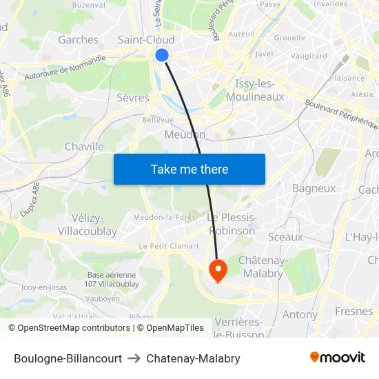 Boulogne-Billancourt to Chatenay-Malabry map