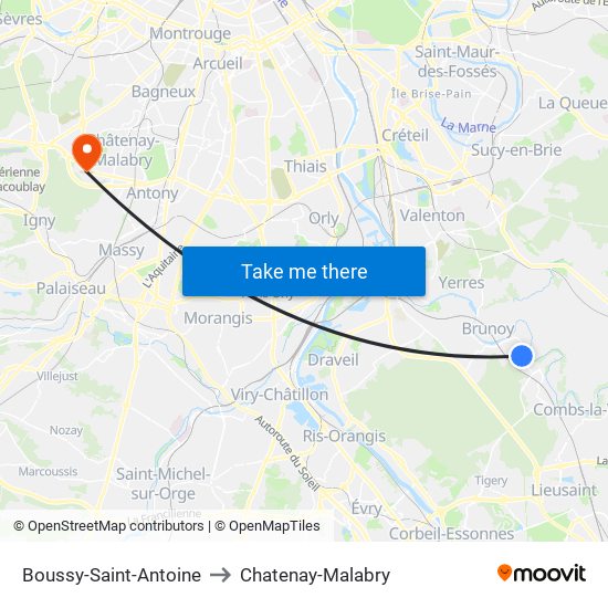 Boussy-Saint-Antoine to Chatenay-Malabry map