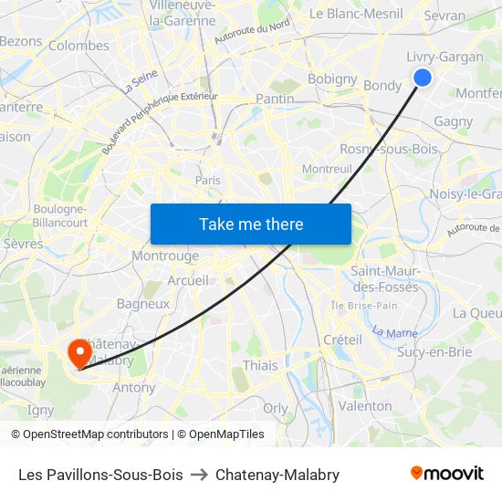 Les Pavillons-Sous-Bois to Chatenay-Malabry map
