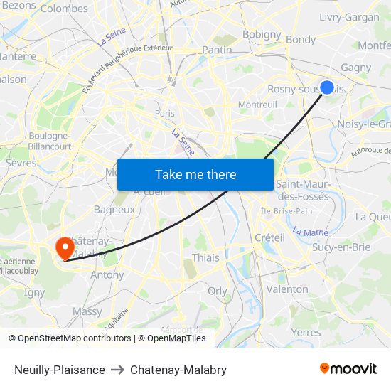 Neuilly-Plaisance to Chatenay-Malabry map
