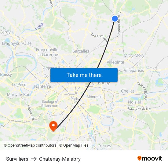 Survilliers to Chatenay-Malabry map