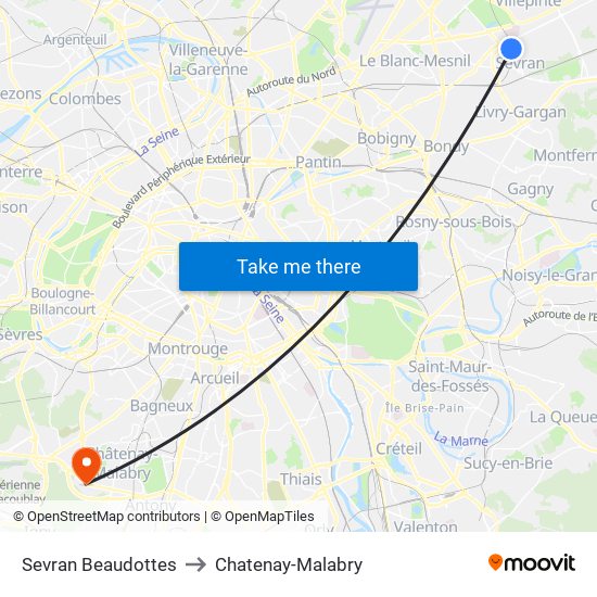 Sevran Beaudottes to Chatenay-Malabry map