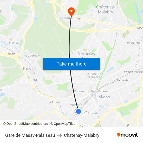 Gare de Massy-Palaiseau to Chatenay-Malabry map
