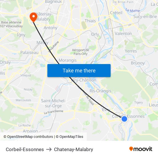 Corbeil-Essonnes to Chatenay-Malabry map