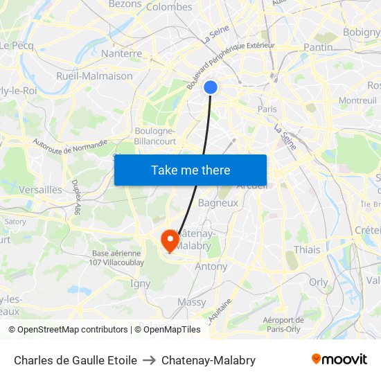 Charles de Gaulle Etoile to Chatenay-Malabry map