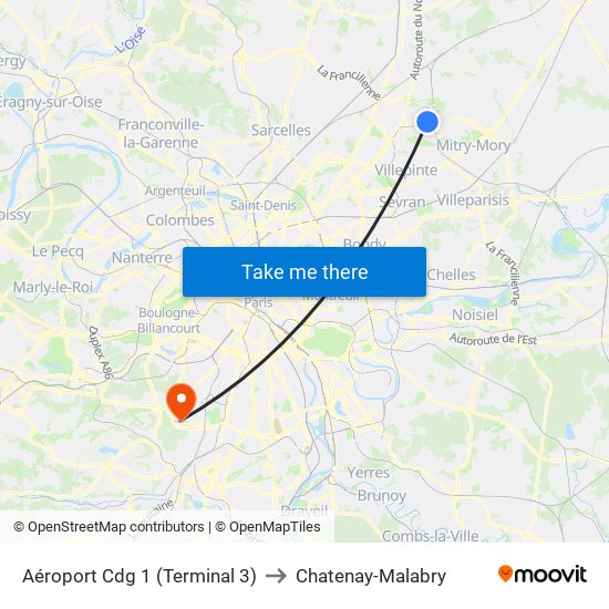 Aéroport Cdg 1 (Terminal 3) to Chatenay-Malabry map