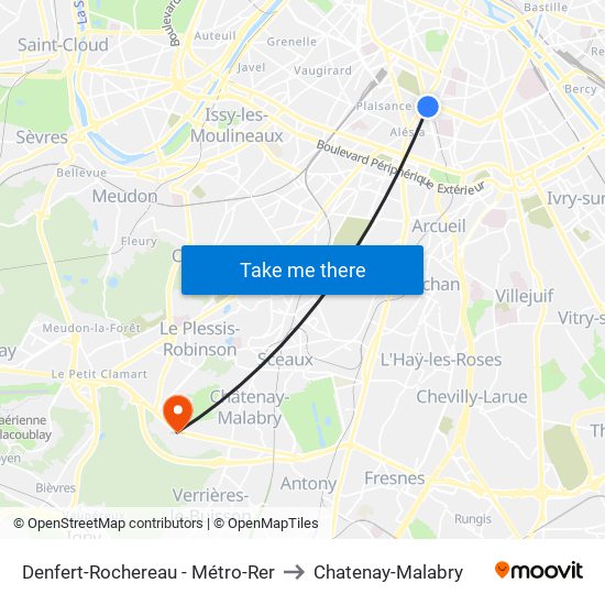 Denfert-Rochereau - Métro-Rer to Chatenay-Malabry map