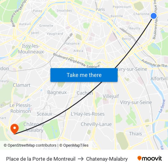Place de la Porte de Montreuil to Chatenay-Malabry map