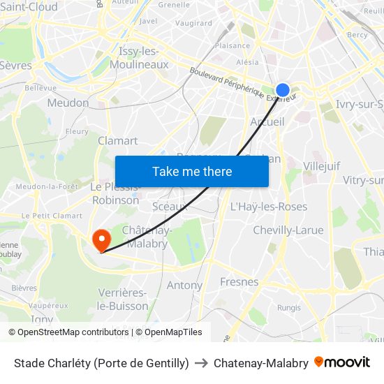 Stade Charléty (Porte de Gentilly) to Chatenay-Malabry map