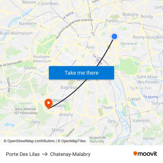 Porte Des Lilas to Chatenay-Malabry map