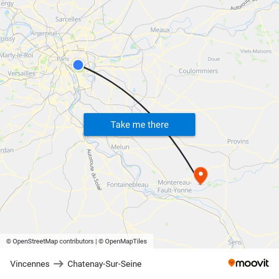 Vincennes to Chatenay-Sur-Seine map