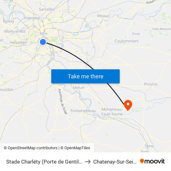 Stade Charléty (Porte de Gentilly) to Chatenay-Sur-Seine map