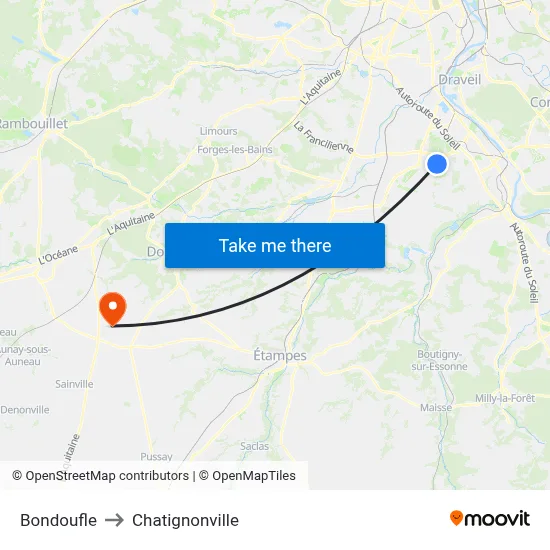 Bondoufle to Chatignonville map