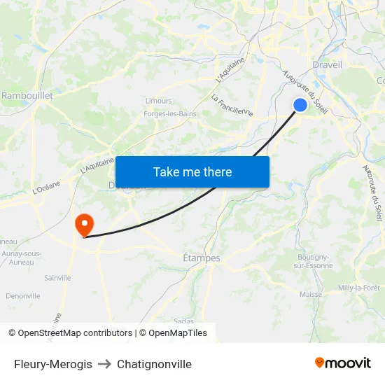 Fleury-Merogis to Chatignonville map