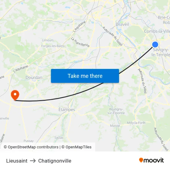 Lieusaint to Chatignonville map