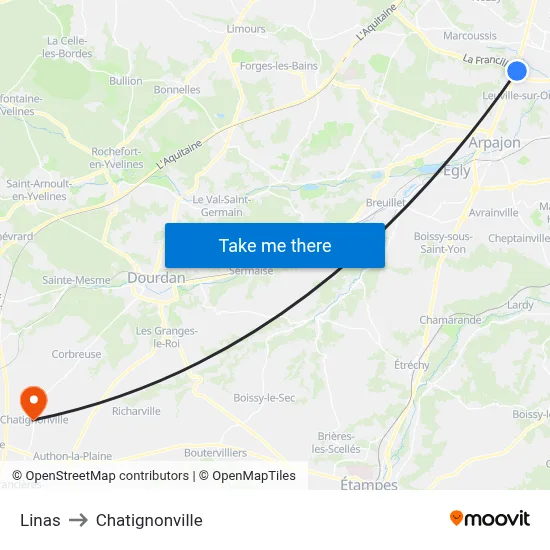 Linas to Chatignonville map