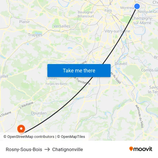 Rosny-Sous-Bois to Chatignonville map