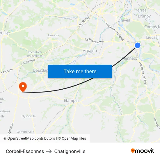 Corbeil-Essonnes to Chatignonville map
