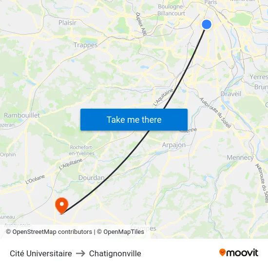 Cité Universitaire to Chatignonville map