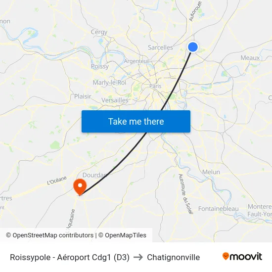 Roissypole - Aéroport Cdg1 (D3) to Chatignonville map