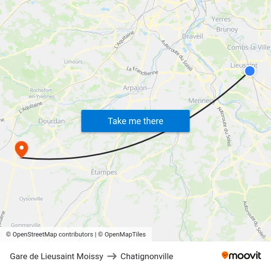 Gare de Lieusaint Moissy to Chatignonville map