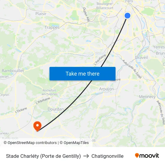 Stade Charléty (Porte de Gentilly) to Chatignonville map