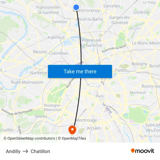 Andilly to Chatillon map